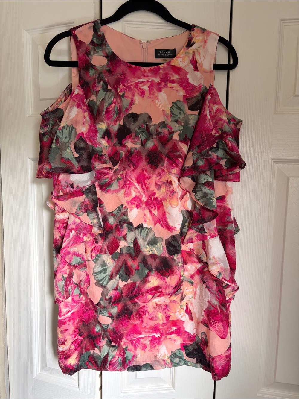 Tahari Pink Floral Cold-Shoulder Ruffle Shift Dress